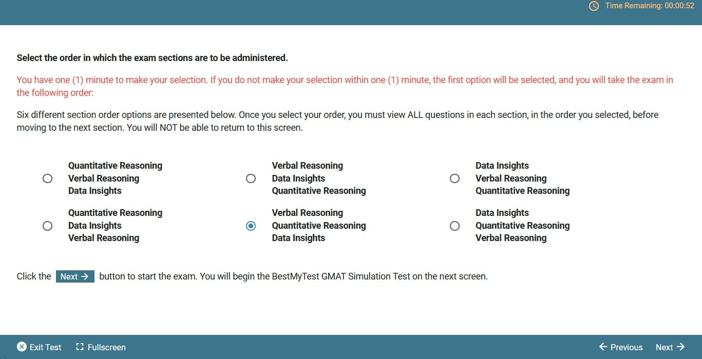 BestMyTest GMAT exam practice test section order selection screen