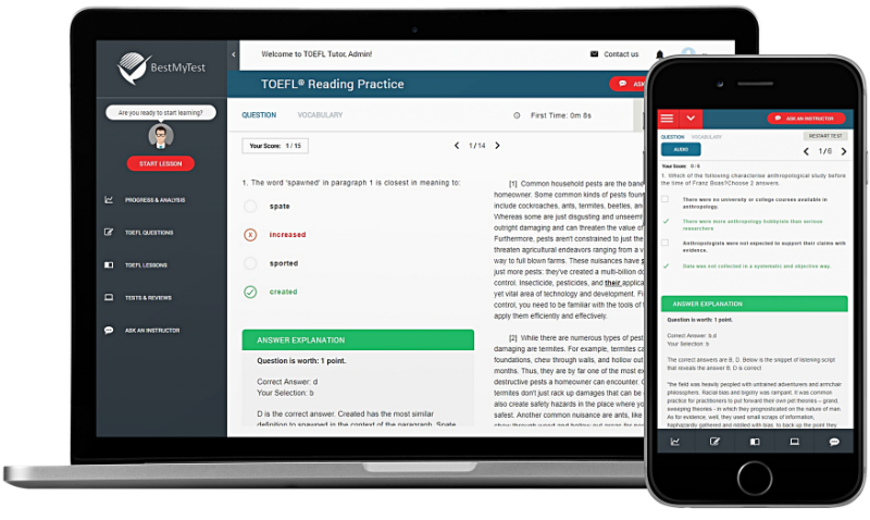 Desktop and mobile bestmytest toefl tutor screen shots