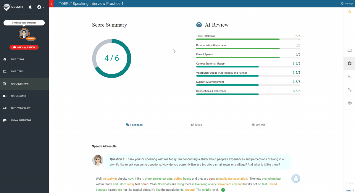 TOEFL speaking review with AI feedback TOEFL speaking review with AI feedback
