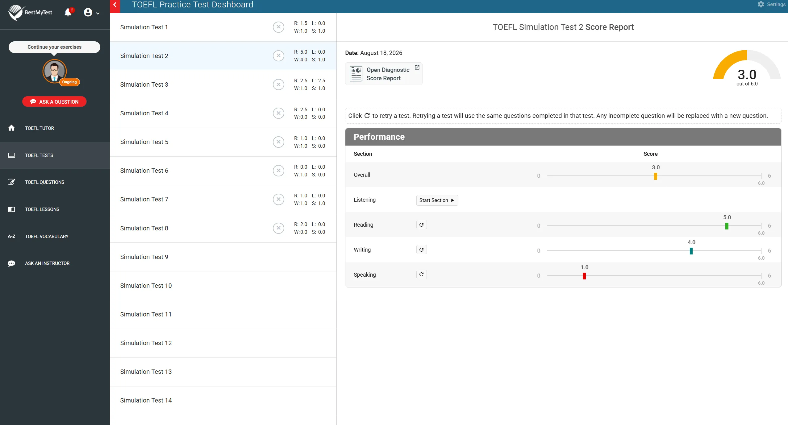 TOEFL tests dashboard TOEFL tests dashboard