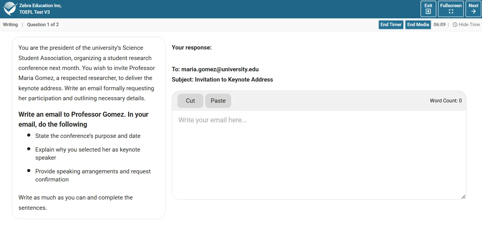 TOEFL writing test screen