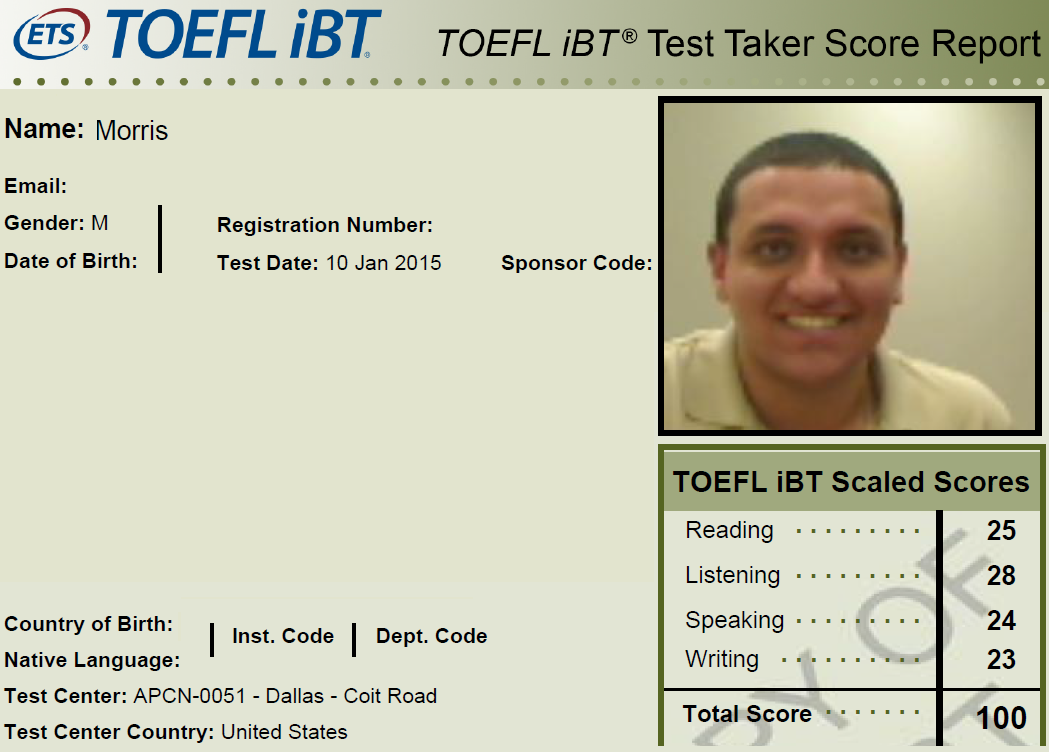 TOEFL Score Report